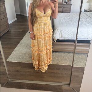 Azazie Yellow Floral Ruffle Maxi Dress